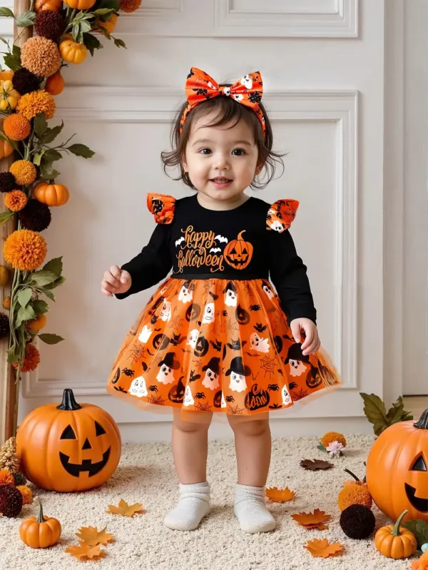 Robe bébé Halloween à manches longues – tissu doux motif citrouille confortable