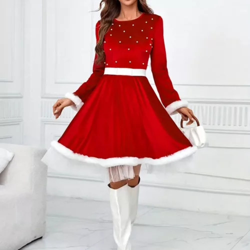 Robe de Noël femme style Père Noël – col rond, manches longues, fausse fourrure