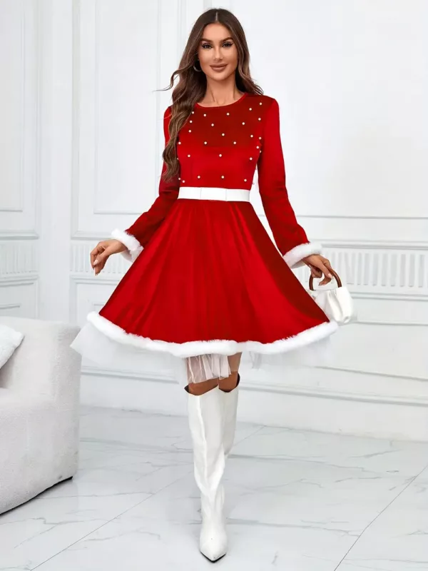 Robe de Noël femme style Père Noël – col rond, manches longues, fausse fourrure