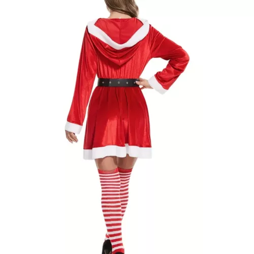 Robe de Noël femme à capuche style cosplay – velours rouge avec fausse fourrure