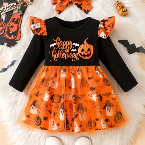 Robe bébé Halloween à manches longues – tissu doux motif citrouille confortable