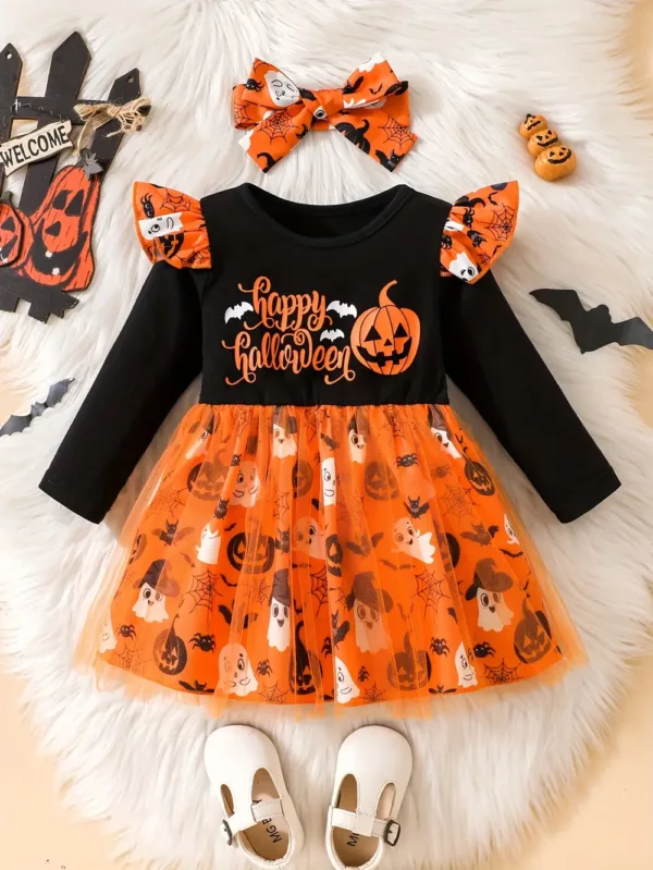 Robe bébé Halloween à manches longues – tissu doux motif citrouille confortable