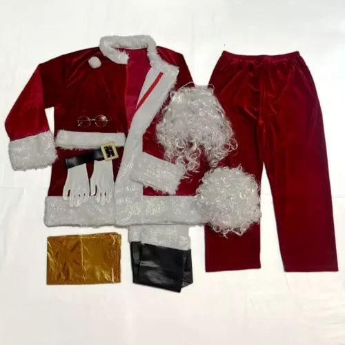 Costume Père Noël velours bordeaux – ensemble 10 pièces élégant et complet