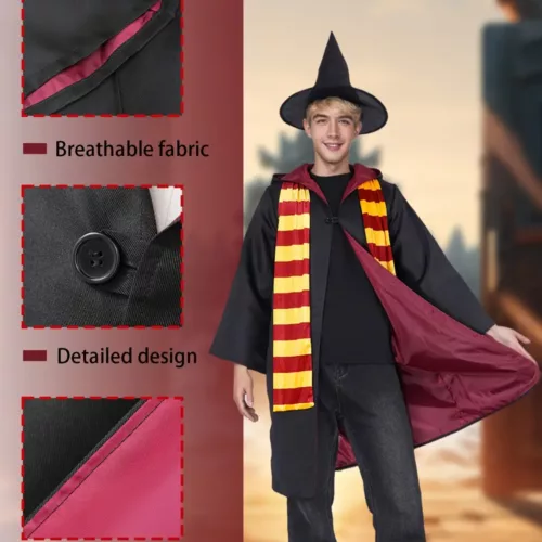 Costume sorcier 3 pièces – cape à manches longues, chapeau, écharpe rayée