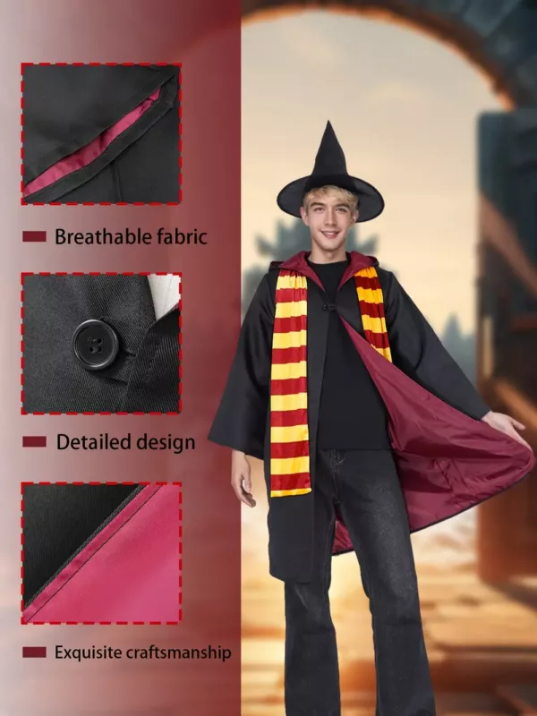Costume sorcier 3 pièces – cape à manches longues, chapeau, écharpe rayée