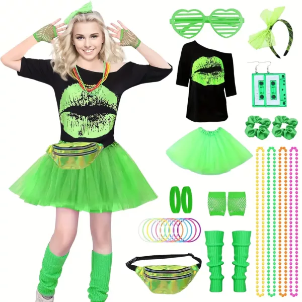 Déguisement femme années 80 – ensemble 29 pièces accessoires rétro fluo party