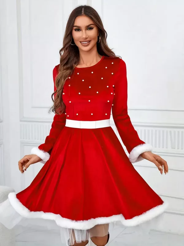 Robe de Noël femme style Père Noël – col rond, manches longues, fausse fourrure