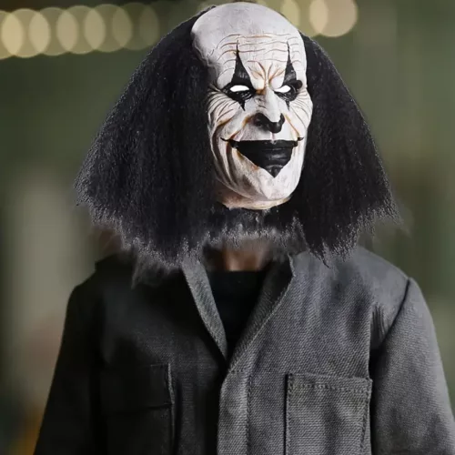 Masque de clown tueur en latex réaliste avec perruque bouclée – Halloween horreur