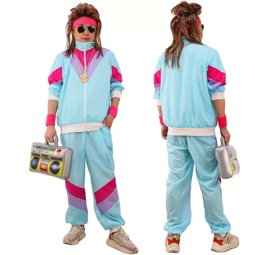 Déguisement rétro années 80 – combinaison de sport fluo avec accessoires fête