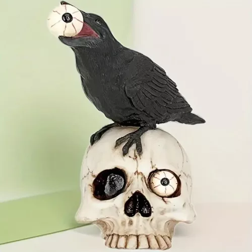Décoration Halloween crâne avec corbeau – Effet réaliste pour ambiance macabre