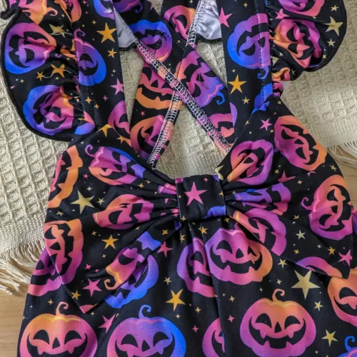 Ensemble 3 pièces bébé fille Halloween – barboteuse, bandeau et combinaison imprimés sorcière et citrouille