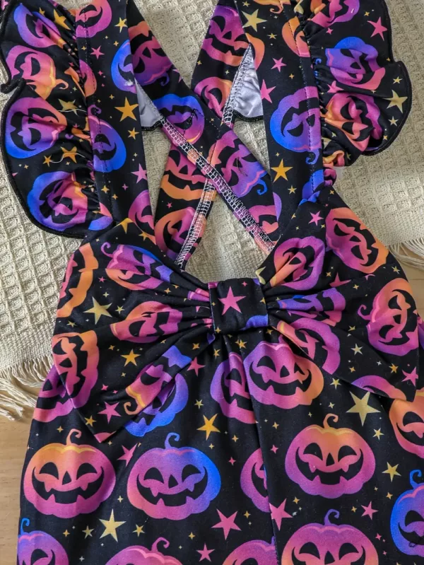 Ensemble 3 pièces bébé fille Halloween – barboteuse, bandeau et combinaison imprimés sorcière et citrouille