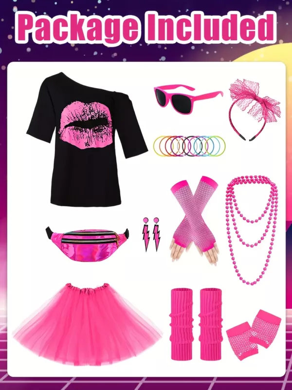 Déguisement femme années 80 – haut fluo et jupe tutu noire vintage rétro