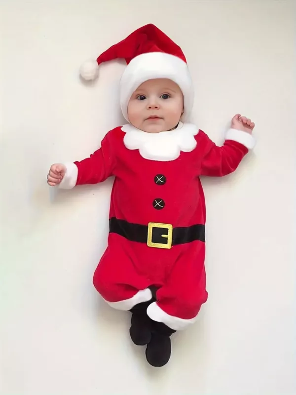 Costume de Noël bébé en velours rouge avec bonnet – tenue festive douce