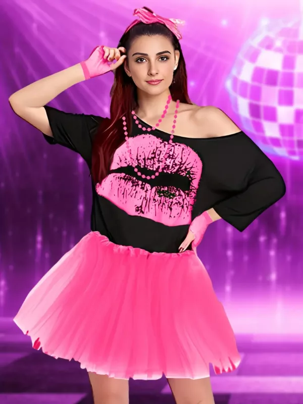 Déguisement femme années 80 – haut fluo et jupe tutu noire vintage rétro