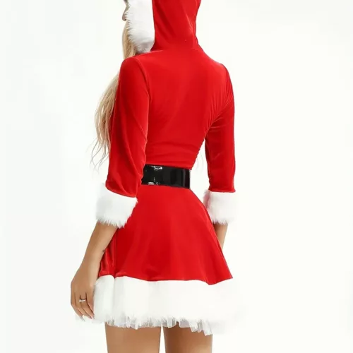Robe de Noël femme avec capuche – style Santa chic en velours rouge