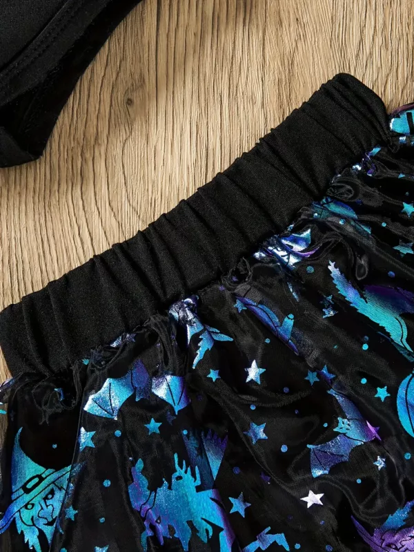 Ensemble Halloween bébé fille 3 pièces – body imprimé, jupe pailletée et bandeau