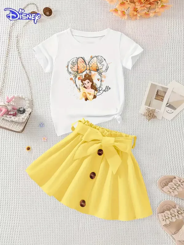 Robe enfant princesse Belle avec t-shirt imprimé et jupe à nœud vintage – doux et respirant