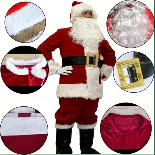 Costume Père Noël velours bordeaux – ensemble 10 pièces élégant et complet