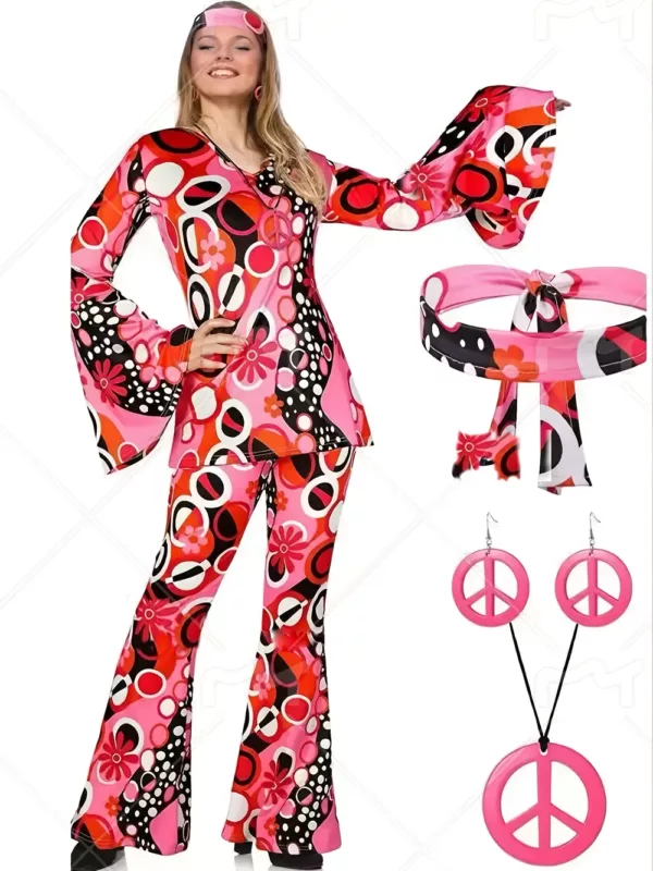 Déguisement hippie rétro 70s pour adulte – ensemble 5 pièces à motif psychédélique