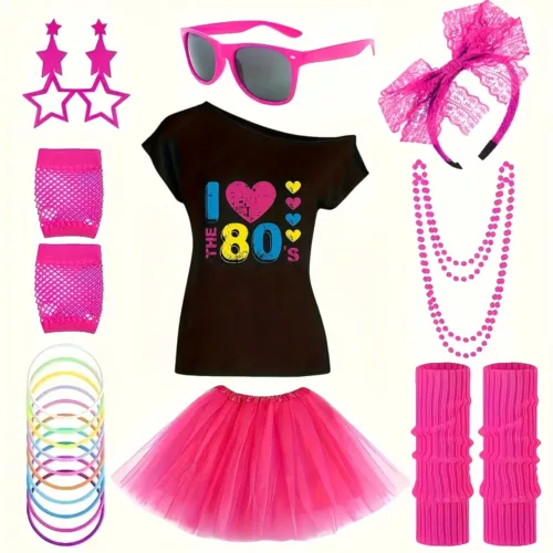 Déguisement rétro années 80 complet – T-shirt, jupe, accessoires disco