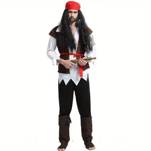 Déguisement pirate adulte style Jack Sparrow – chemise, gilet et ceinture