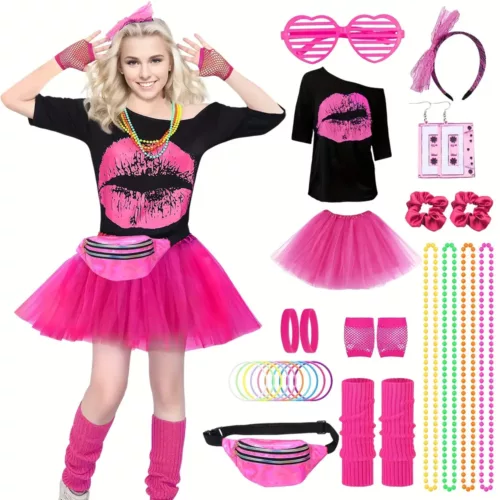 Déguisement femme années 80 – ensemble 29 pièces accessoires rétro fluo party