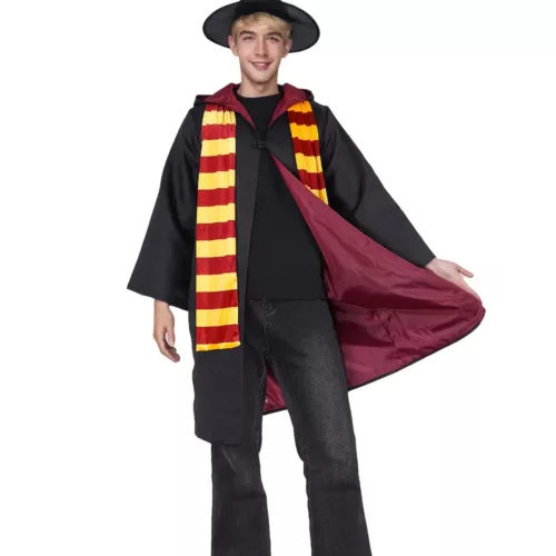 Costume sorcier 3 pièces – cape à manches longues, chapeau, écharpe rayée
