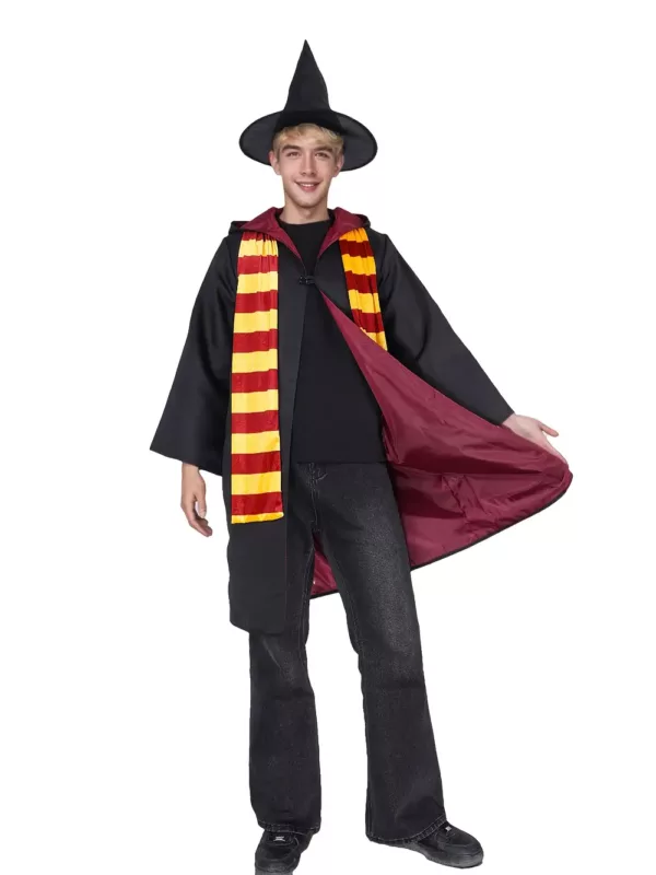 Costume sorcier 3 pièces – cape à manches longues, chapeau, écharpe rayée