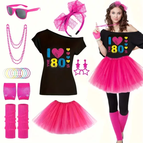 Déguisement rétro années 80 complet – T-shirt, jupe, accessoires disco