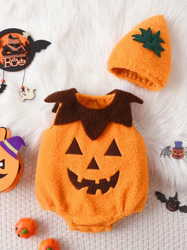 Déguisement bébé citrouille en peluche – ensemble 2 pièces avec chapeau amusant