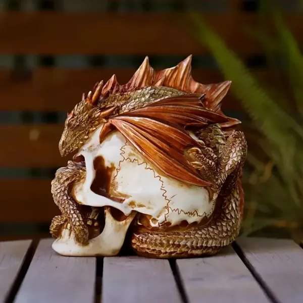 Statue crâne en résine style dragon – décor gothique pour collection ou bureau