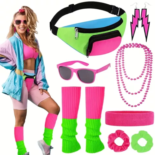 Kit accessoires déguisement années 80 femme – 10 pièces style néon rétro