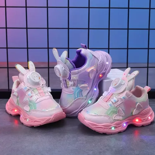 Chaussures princesses fille à LED avec oreilles de lapin et motifs papillon cœur