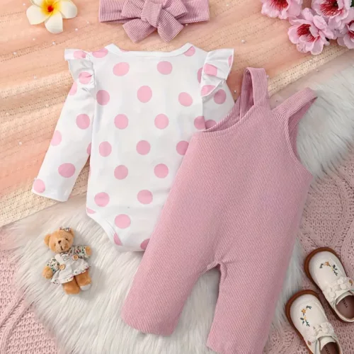 Ensemble naissance 3 pièces bébé fille – body, pantalon et bonnet assortis