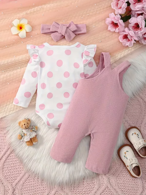 Ensemble naissance 3 pièces bébé fille – body, pantalon et bonnet assortis