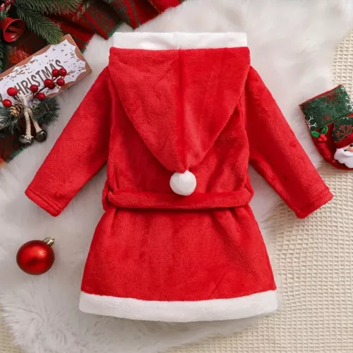 Peignoir enfant en polaire douce avec capuche et bordure blanche – style Noël