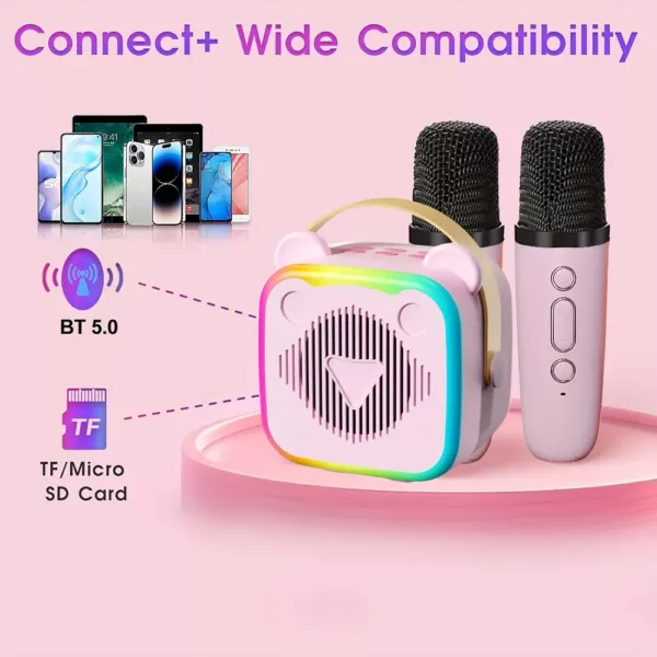 Mini karaoké portable avec 2 micros sans fil LED – idéal soirées et enfants