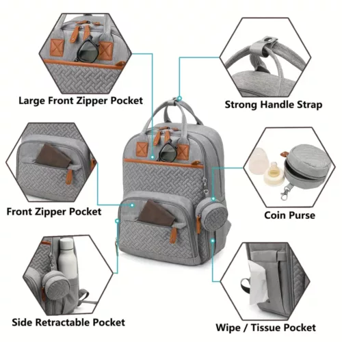Sac à dos bébé multifonction avec attaches poussette et boîtier à sucette intégré