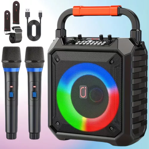Enceinte Bluetooth avec 2 micros sans fil – Karaoké portable à lumières LED