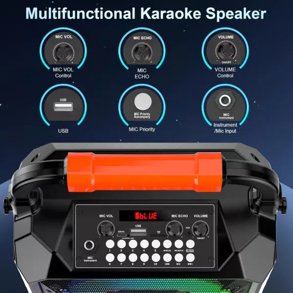 Enceinte Bluetooth avec 2 micros sans fil – Karaoké portable à lumières LED