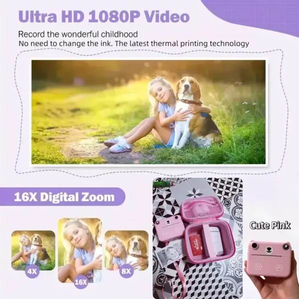 Appareil photo instantané enfant avec impression thermique – USB, 3 papiers inclus