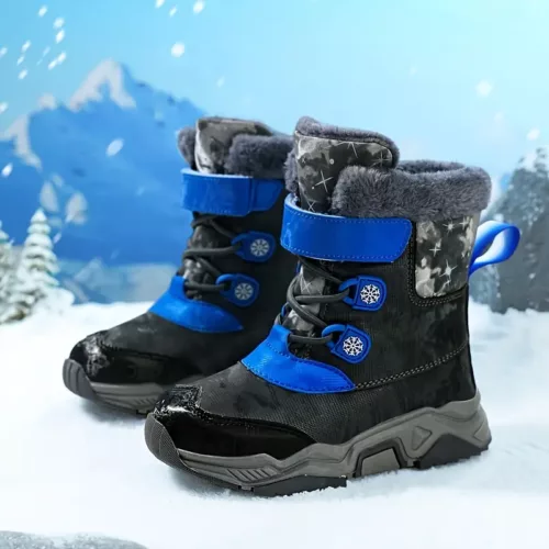 Bottes de neige enfant fourrées antidérapantes à rayures – hiver chaud et confort