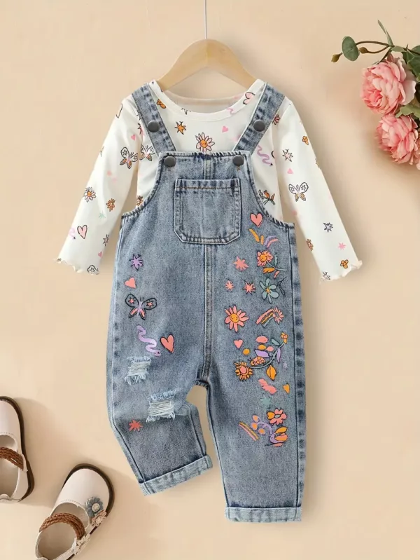 Ensemble bébé fille 2 pièces – haut floral manches longues et salopette en jean
