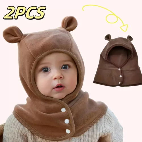 Ensemble bonnet et écharpe enfant – tricot doux hiver avec motif ours mignon