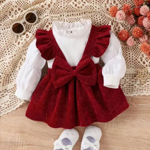Ensemble robe longue bébé fille style princesse – 2 pièces col fantaisie nœud doré