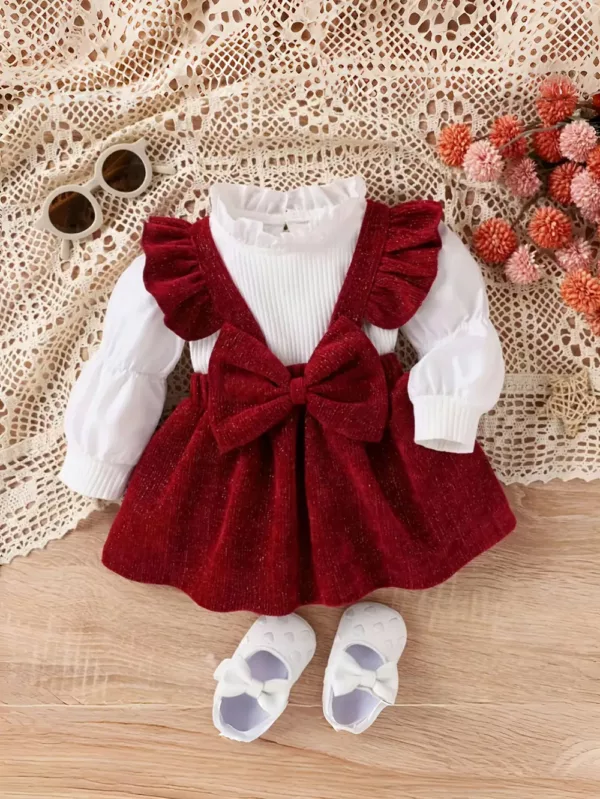 Ensemble robe longue bébé fille style princesse – 2 pièces col fantaisie nœud doré