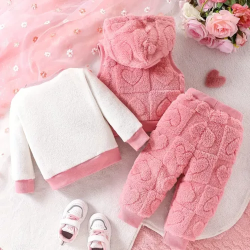 Ensemble naissance 3 pièces bébé fille – gilet et pantalon en peluche brodée
