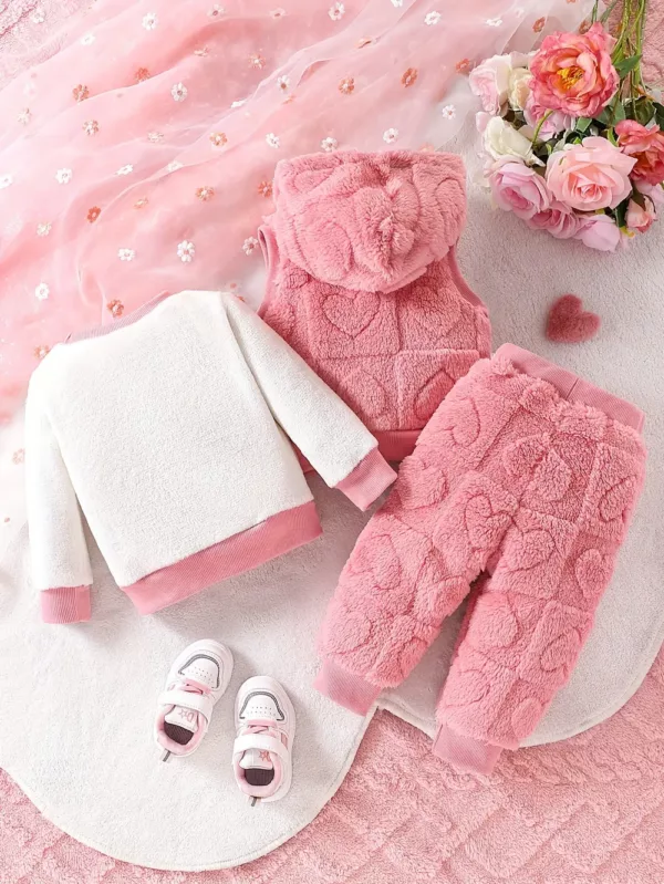 Ensemble naissance 3 pièces bébé fille – gilet et pantalon en peluche brodée