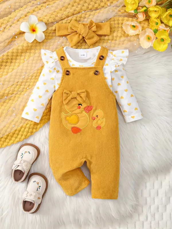 Ensemble 3 pièces bébé fille – barboteuse cœur, salopette velours, bandeau assorti